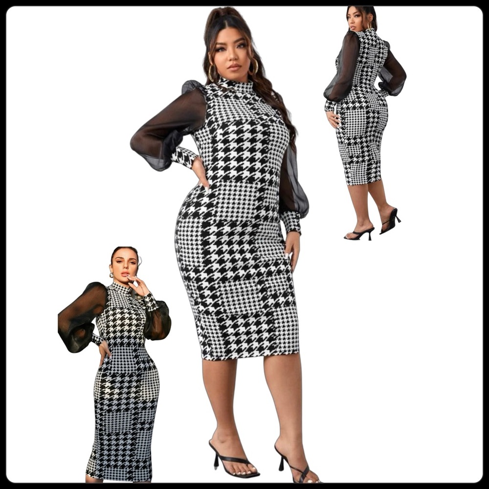 Houndstooth Print Mesh Sleeve Ladies Dress, Sizes Small - 4XLarge, Sizes 4 - 20